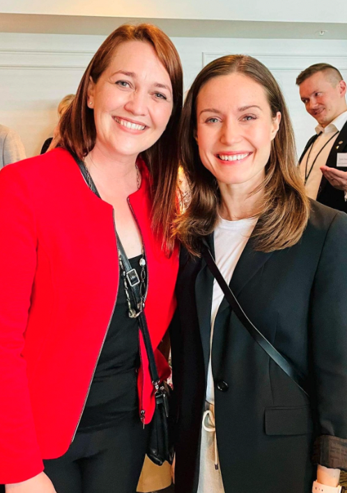TheDaveRouse's tweet photo. Finlands Prime Minister Hon. Sanna Marin with our COO and Co-Founder Michelle Noordermeer, ahead of her catch up with NZ’s PM today. #finland made the worlds most ambitious #climatepolicy earlier this year, targeting #netzero 2035 and #netpositive 2040. https://t.co/icVVlawP8Q