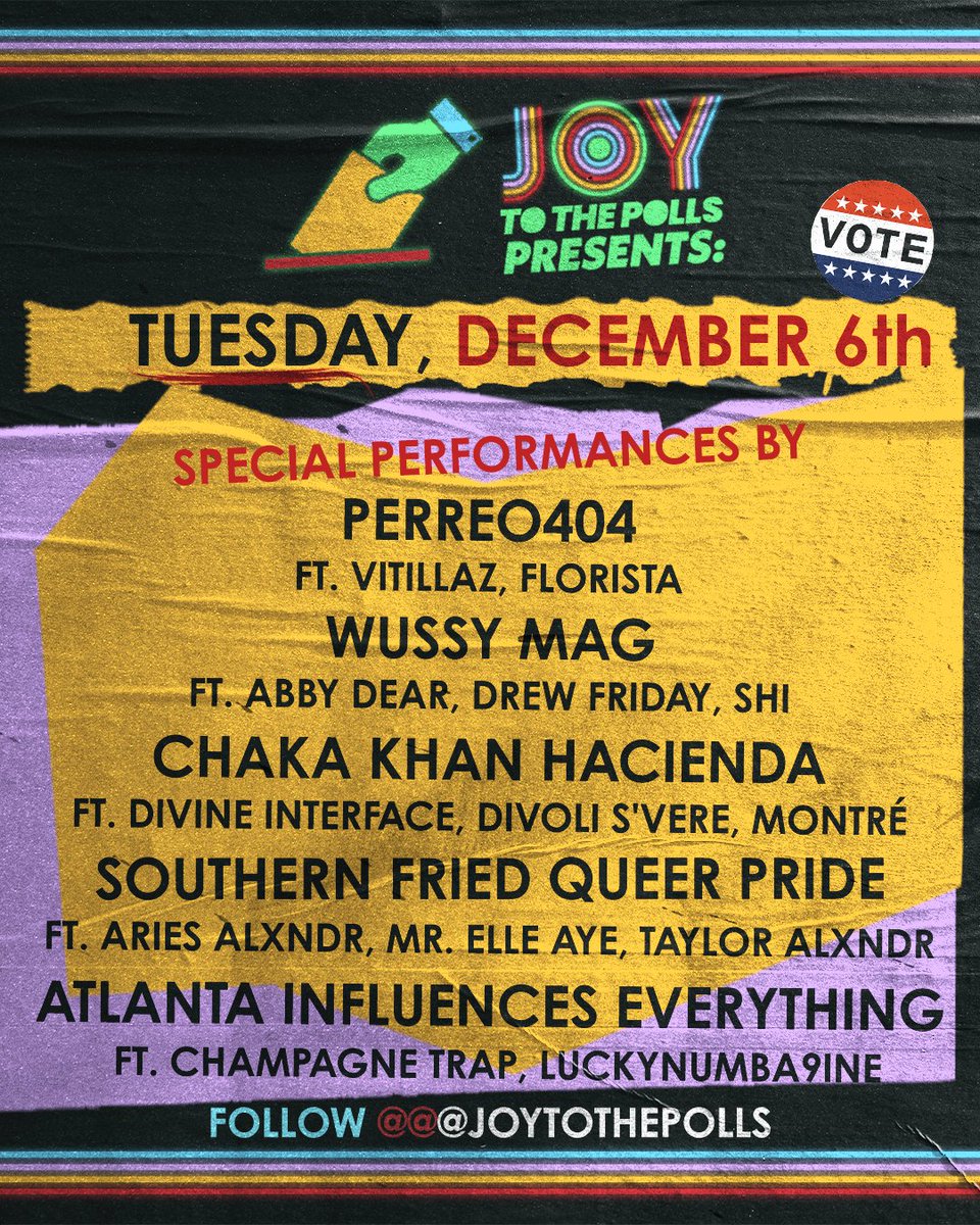 JoyToThePolls's tweet photo. 💥UPDATED LINEUP💥 ATL, we're BACK for the #SenateRunoffs + we're teaming up with local culture legends @Perreo404, @WussyMag, @sfqpatl, @Aielife, + #ChakaKhanHacienda to bring MUSIC, ENERGY, and #JoyToThePolls! VOTE &amp; follow here to celebrate with us on #ElectionDay, 12/6 #GApol https://t.co/twnExblFtz
