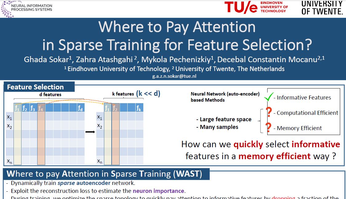 Ghada Sokar (@g_sokar) on Twitter photo Interested in sparse training? Quick feature selection in case of high dimensional feature space, many samples, or noisy environments?
Excited to present our new sparse training method for feature selection at #NeurIPS2022 (Wed, 2pm Hall J #341)🧵
<a href="/ZAtashgahi/">Zahra Atashgahi</a>,<a href="/pechenizkiy/">Mykola Pechenizkiy</a>,Decebal Interested in sparse training? Quick feature selection in case of high dimensional feature space, many samples, or noisy environments?
Excited to present our new sparse training method for feature selection at #NeurIPS2022 (Wed, 2pm Hall J #341)🧵
<a href="/ZAtashgahi/">Zahra Atashgahi</a>,<a href="/pechenizkiy/">Mykola Pechenizkiy</a>,Decebal