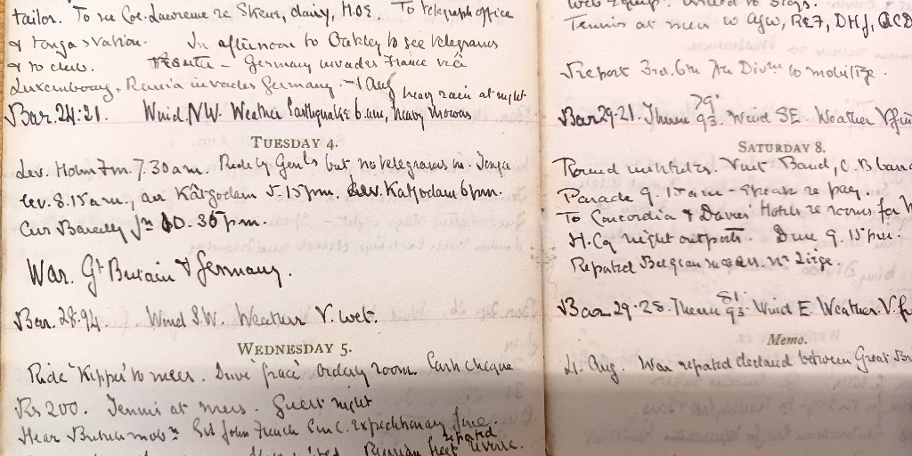 museumbw's tweet photo. Today's #ExploreYourArchive is #EYATime
Major Charles Edward Stewart’s entries in his pocket diary were always concise. On Tuesday 4 August 1914, Stewart simply writes, “War Gt Britain & Germany”. A moment in time that changed thousands of lives forever.
#EYA22 #BWMArchive https://t.co/hpYIDju8tB