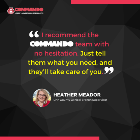 COMMANDO helps healthcare organizations reach the LGBTQ+ community through social media by building and implementing advertising campaigns from start to finish. 

#advertisingcampaigns #datingsapps #socialmedia #lgbtqmarketing