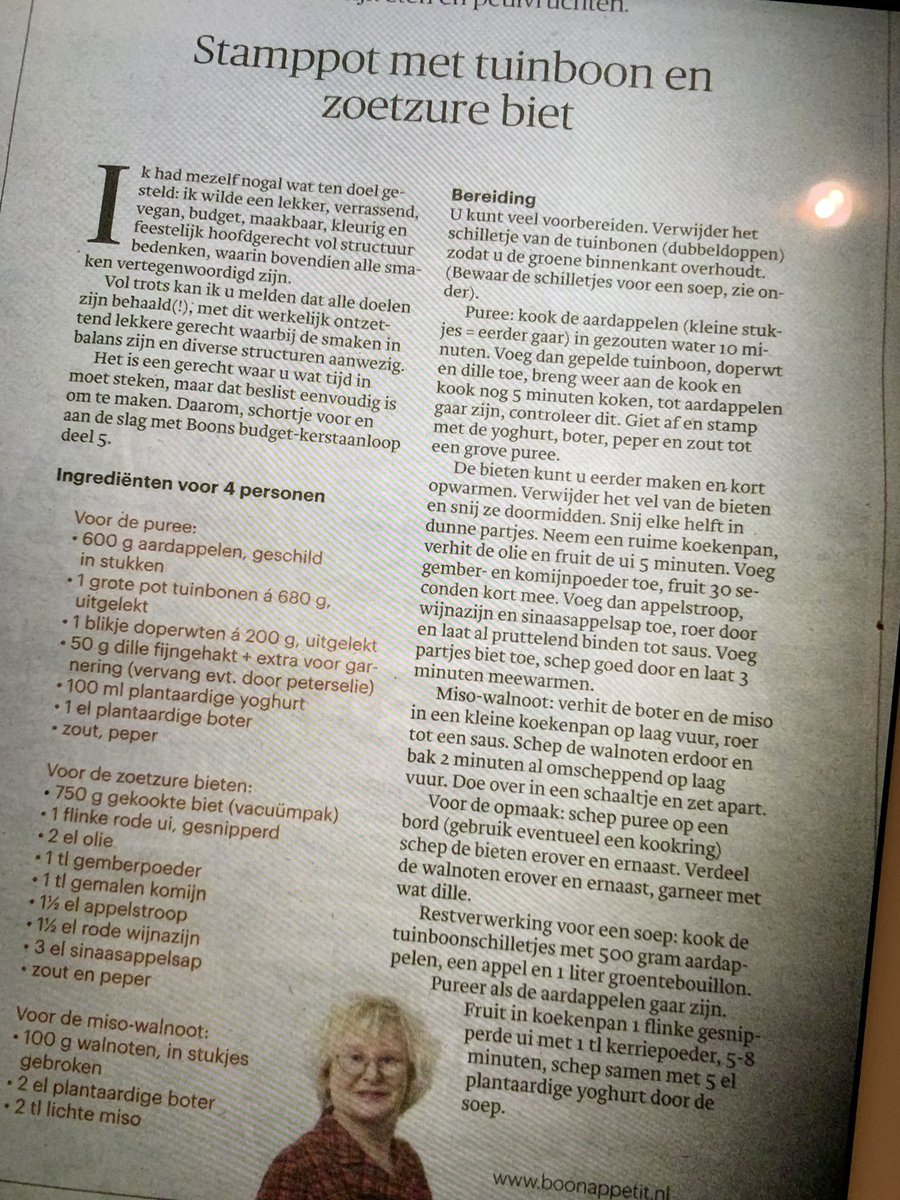 Mijn man maakte de stamppot met tuinboon en zoetzure biet volgens jouw recept <a href="/jokeboon/">Joke Boon</a> in de <a href="/trouw/">Trouw</a>. Hij vroeg mij een score te geven tussen 1 en 10. Ik gaf een 12! Heerlijk gegeten.