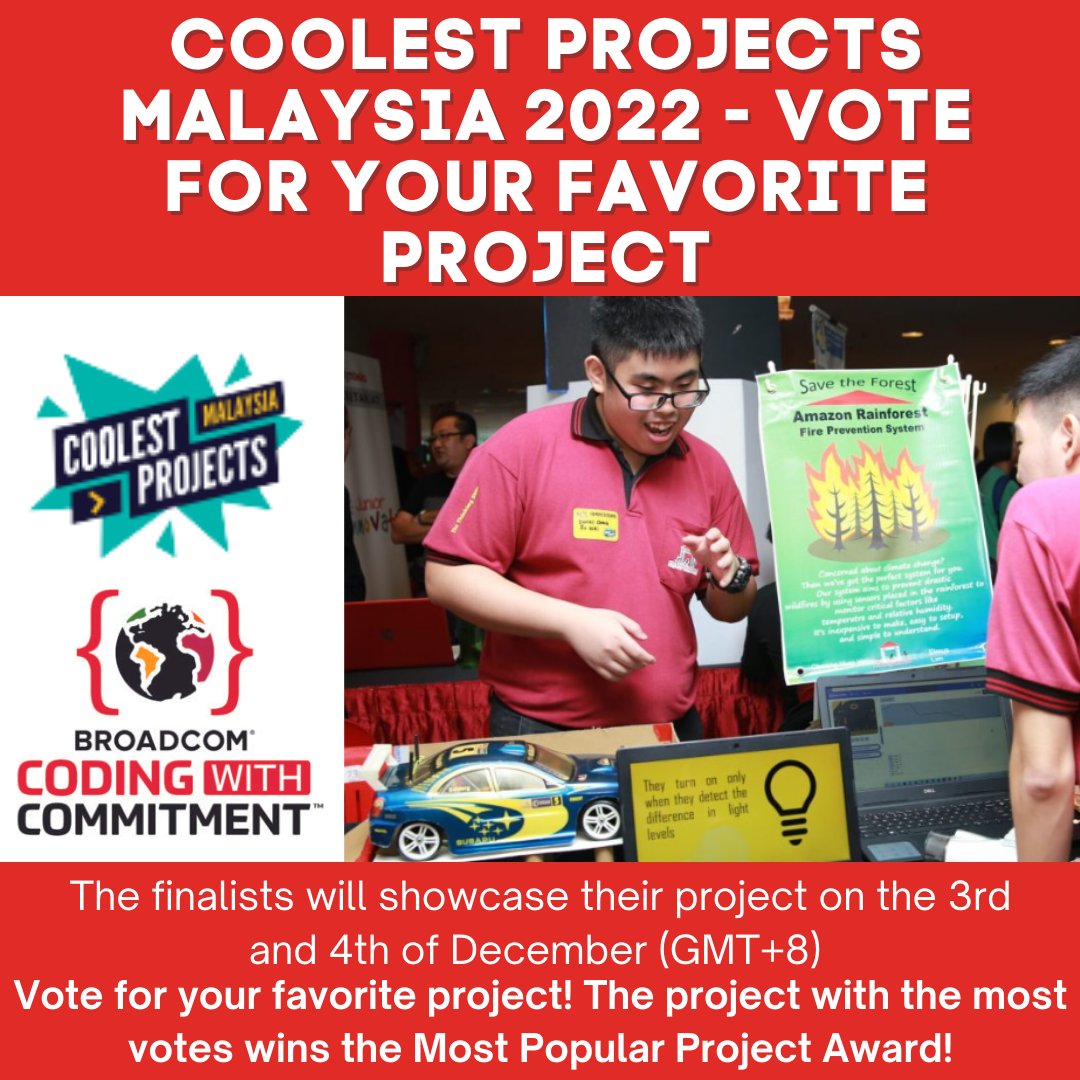 BroadcomSTEM's tweet photo. 🌏 Check out more than 600 projects from Malaysia and Vietnam and vote for your favorite! Highest votes wins "Most Popular Project" and watch the finale on Dec 3 & 4!
For More Info ➡️https://t.co/mMEPDWsLPH
#ICODE #BroadcomFoundation #STEM #coolestprojectmalaysia #coding https://t.co/vx3pUb8gHt