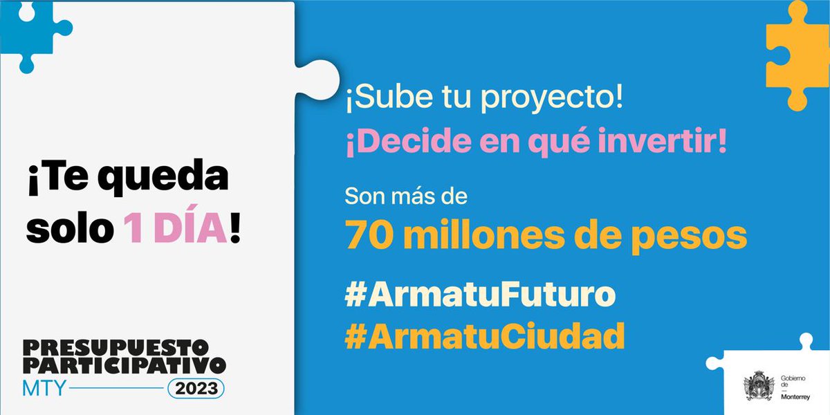 ¡Mañana es el último día! Participa en el Segundo Presupuesto Participativo 2023, puedes proponer tus ideas y registrar un proyecto para seguir transformando nuestra ciudad. 
 
📲 Da clic aquí, registrar tu propuesta: decidimos.monterrey.gob.mx