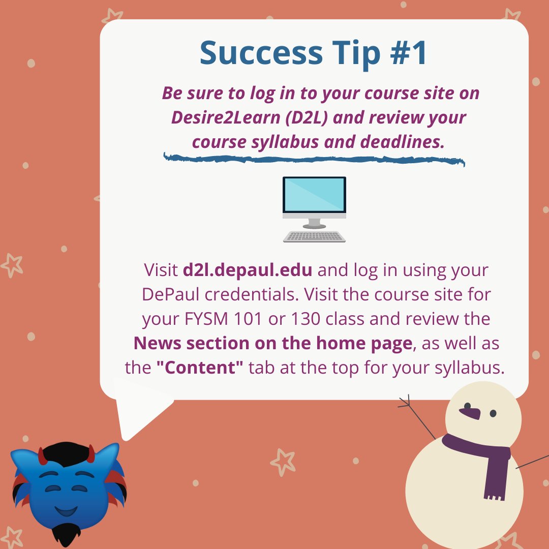 DePaulFYAS's tweet photo. Welcome to Winter Intersession, FYAS students! Swipe through for our intersession success tips to help you start the session strong!  As always, contact us at fyas@depaul.edu with any questions! #depaulfyas #winterintersession https://t.co/0tHuxv9wUQ