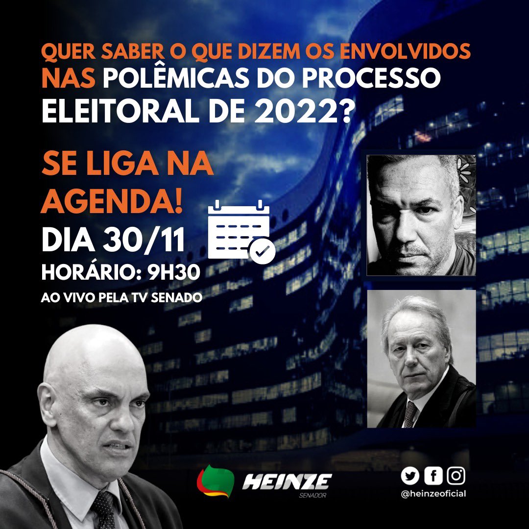Heinzeoficial's tweet photo. Temos um encontro marcado nesta quarta-feira, 30! Você poderá acompanhar tudo pelo canal da TV Senado no Youtube. 
Vamos reunir autoridades para explicar as principais polêmicas observadas no processo eleitoral. Programe-se! #SegueOPassoDoHeinze https://t.co/n3eT8vOhCR