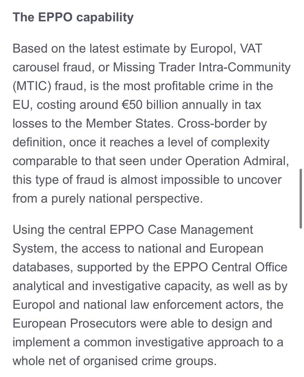 “It took the EPPO less than 18 months from the initial crime report to uncovering a whole web of organised crime groups, responsible for a staggering €2.2 billion loss to EU taxpayers.”

Toch goed dat we nu wel deelnemen aan het Europees Openbaar Ministerie!🇪🇺#toegevoegdewaarde