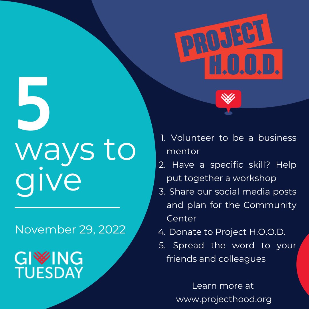 CoreyBBrooks's tweet photo. It's Giving Tuesday today! How can you help Project HOOD? Here are a few ways. Every donation TODAY ONLY is being matched dollar for dollar up to $1,000,000. Learn more at https://t.co/PeYmYCTpM0 https://t.co/92VewSrDwW
