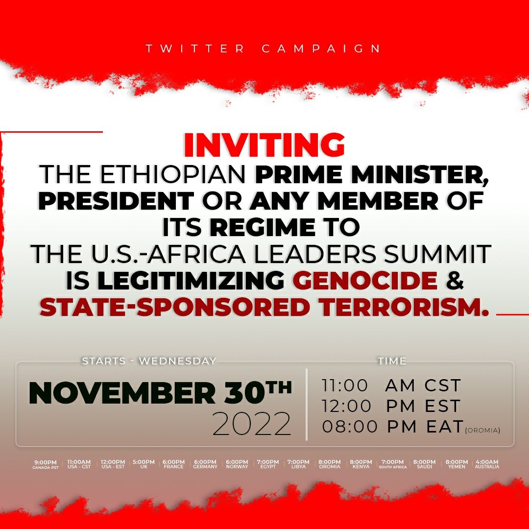 Qubee MN (@qubeemn) on Twitter photo ๐Oromo Twitter Campaign
Inviting any member of <a href="/AbiyAhmedAli/">Abiy Ahmed Ali ๐ช๐น</a>'s regime to the U.S.-Africa Leaders Summit is legitimizing genocide & state-sponsored terrorism.
Wednesday, NOVEMBER 30th, 2022.
11AM CST
#AbiyIsBombingOromia
#StopBombingOromia
Link:qubeemn.org/stopgenocidalwโฆ ๐Oromo Twitter Campaign
Inviting any member of <a href="/AbiyAhmedAli/">Abiy Ahmed Ali ๐ช๐น</a>'s regime to the U.S.-Africa Leaders Summit is legitimizing genocide & state-sponsored terrorism.
Wednesday, NOVEMBER 30th, 2022.
11AM CST
#AbiyIsBombingOromia
#StopBombingOromia
Link:qubeemn.org/stopgenocidalwโฆ