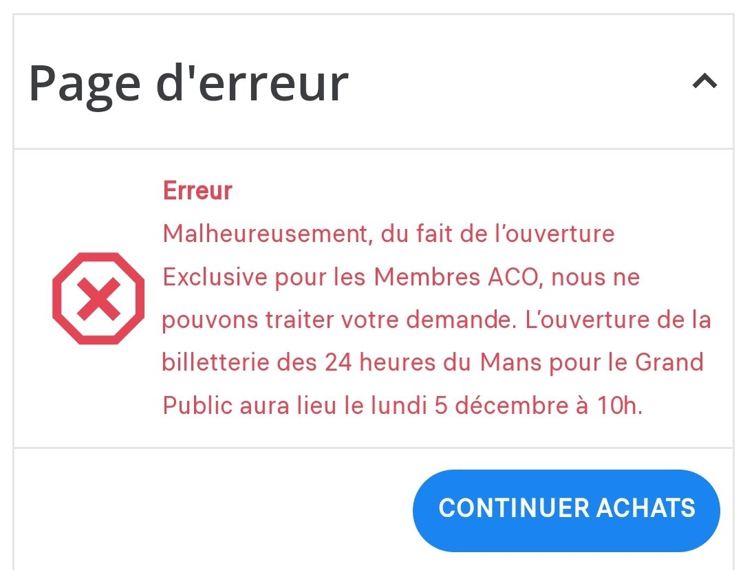 Loic_tm's tweet photo. Hey @24hoursoflemans !
I am an ACO member yet I couldn't connect to the booking website all day (see error message below).
Now every campsite seems to be sold out, what are the options available?
Thanks ! 😀 https://t.co/eCDwe4F0dW