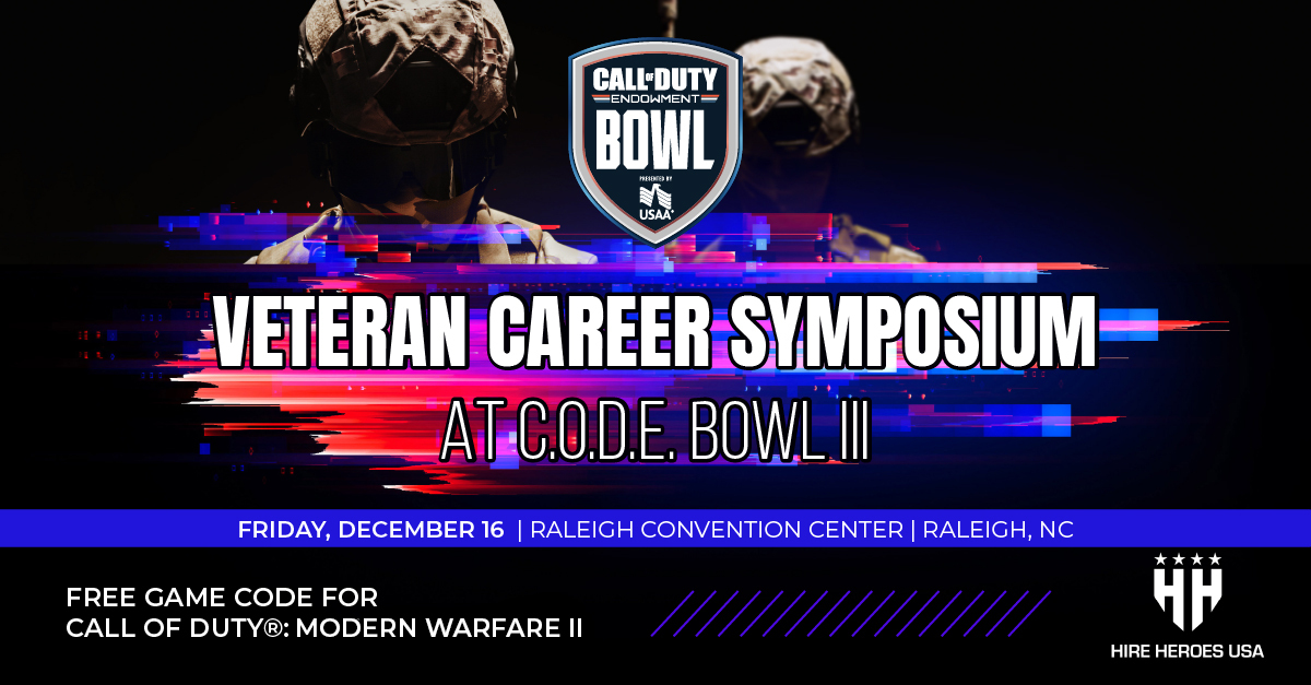 HireHeroesUSA's tweet photo. Join us December 16th for C.O.D.E Bowl III !
As one of the most patriotic esports events, C.O.D.E. Bowl brings all branches of the #military together to develop esprit de corps and raise money for a worthy cause.
We hope to see you there! 

#CODEBowl2022 https://t.co/k7CAjmi2O4