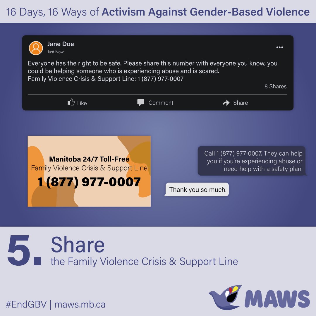 It's Day 5 of the #16DaysOfActivism against GBV. Today’s action is: Share the Manitoba 24/7 Toll-free Family Violence Crisis &amp; Support Line at 1-877-977-0007. If you/someone you know is feeling unsafe, please don't hesitate to call the Crisis &amp; Support Line.