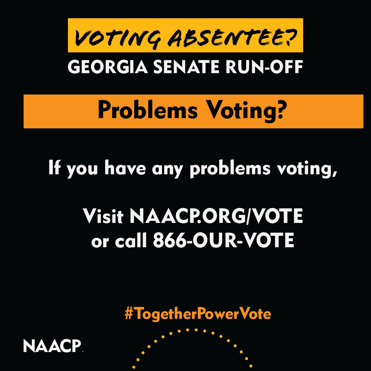 NAACP's tweet photo. #Georgia, don't worry if it's too late to mail your ballot back, you can still vote!
We’re keeping you updated for the Senate Run-Off Dec. 6th. Remember to make a plan to show up to the polls and stay updated here: https://t.co/J6X7M4Bs2Y
#TogetherPowerVote https://t.co/Wx4dW0Nb4W