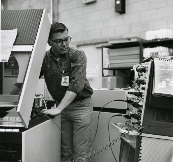 CBI Image o' Day. Advanced testing equipment on the shop floor at Control Data Corporation on mainframe computing equipment in 1965. #Computers #computer #ControlData #maintainers