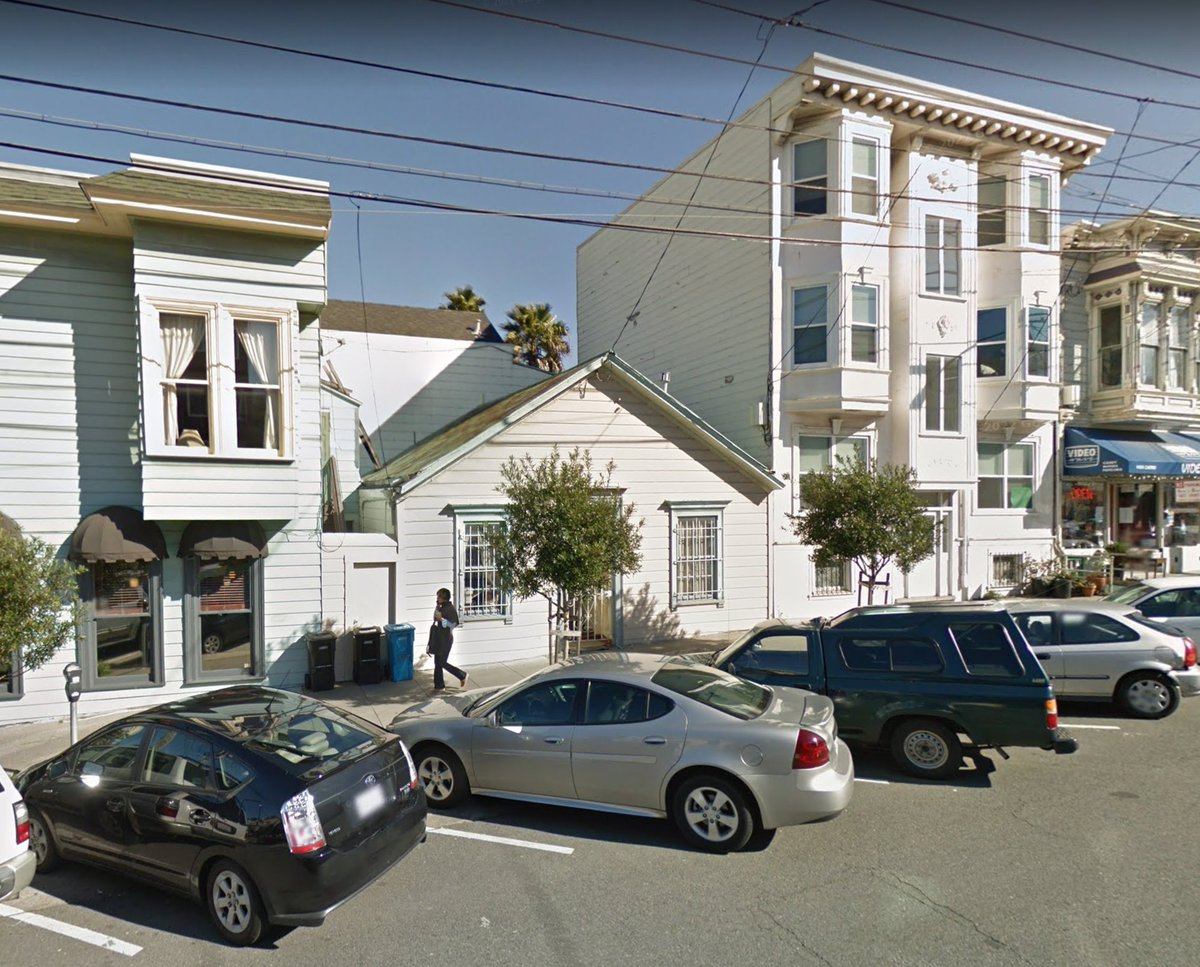 Just south of 24th Street, 1409 Castro St. is a tiny cottage that looks as though it could have been lifted straight from the Gold Rush. Likely dating to the 1870s or early 1880s, it originally faced Jersey Street and was shifted into its present position on the lot around 1900.
