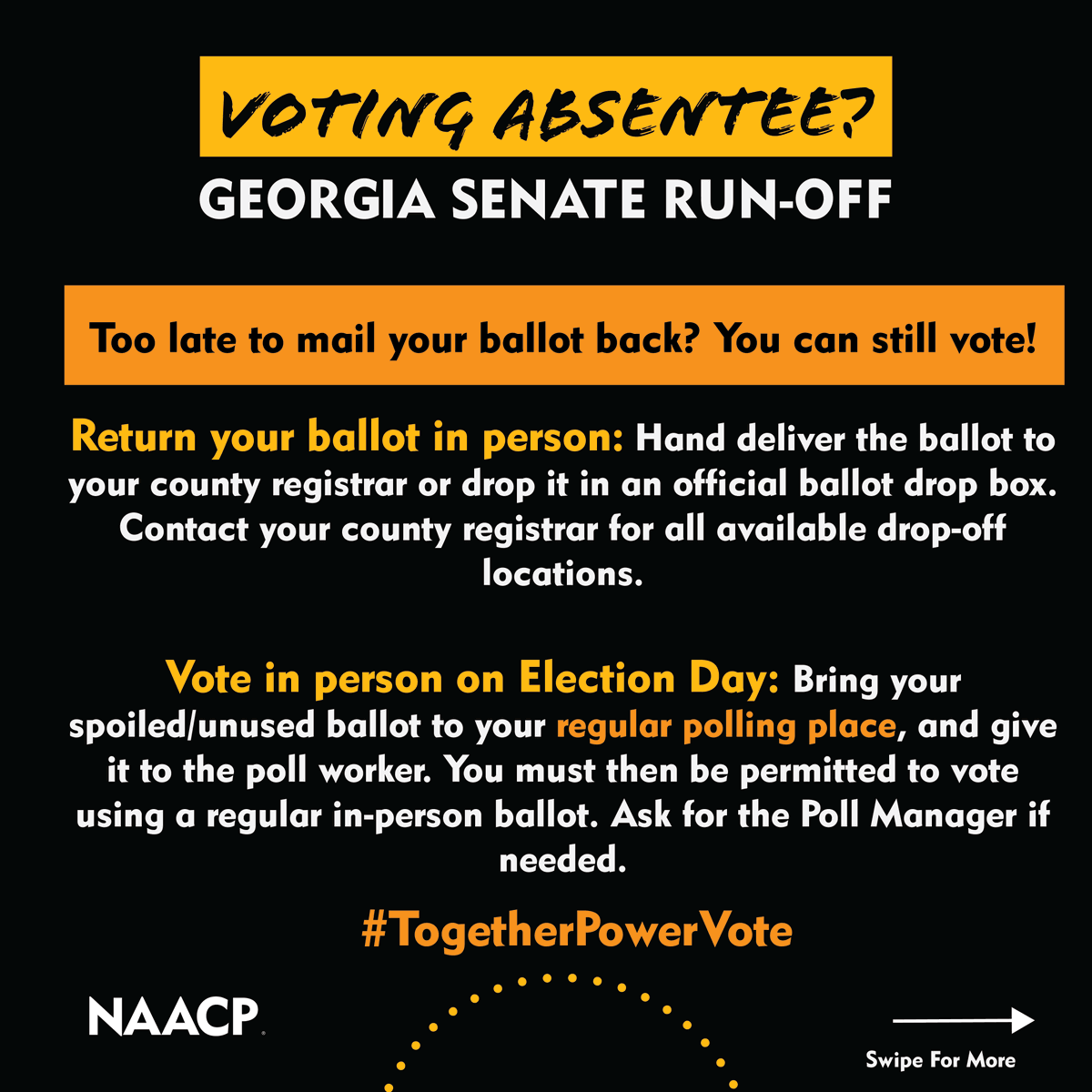 NAACP's tweet photo. #Georgia, don't worry if it's too late to mail your ballot back, you can still vote!
We’re keeping you updated for the Senate Run-Off Dec. 6th. Remember to make a plan to show up to the polls and stay updated here: https://t.co/J6X7M4Bs2Y
#TogetherPowerVote https://t.co/Wx4dW0Nb4W