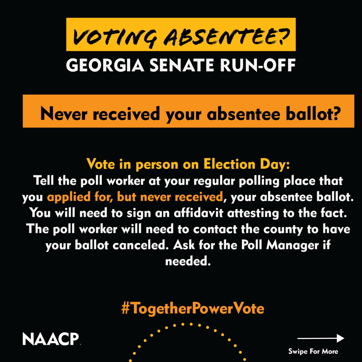 NAACP's tweet photo. #Georgia, don't worry if it's too late to mail your ballot back, you can still vote!
We’re keeping you updated for the Senate Run-Off Dec. 6th. Remember to make a plan to show up to the polls and stay updated here: https://t.co/J6X7M4Bs2Y
#TogetherPowerVote https://t.co/Wx4dW0Nb4W