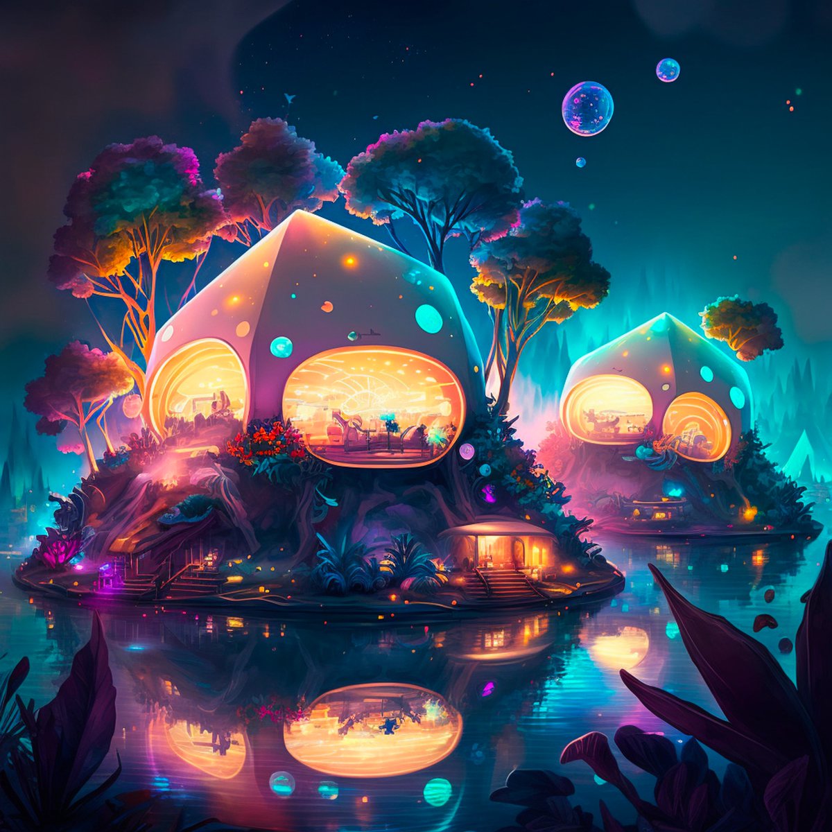 VibesAndLogic's tweet photo. Metaverse futuristic music festival with glass tents on an island surrounded by water, DJs playing music, colorful lights with green lasers, colorful plants, lanterns, pixar movie style, award winning national geographic, volumetric lighting, global illumination --v 4 https://t.co/WSZD8AcbY1