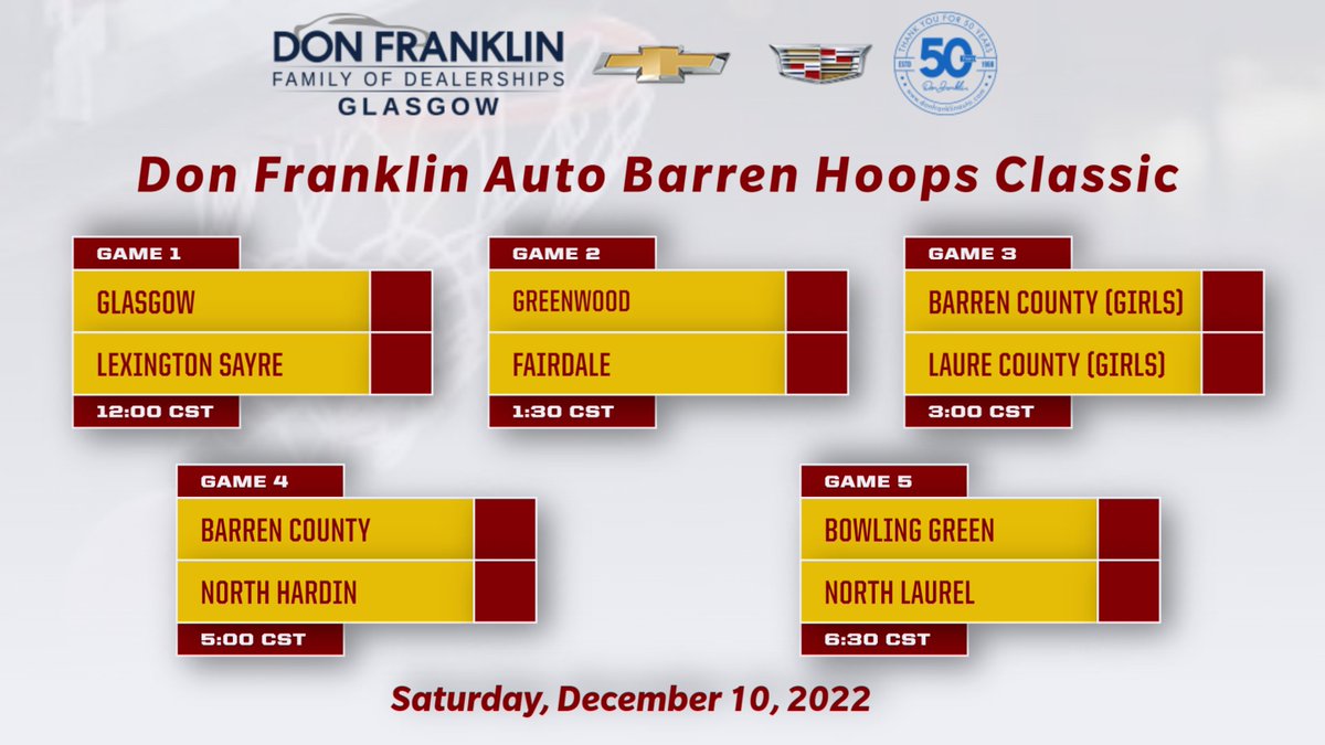 Barren County High School is excited to host the Don Franklin Auto Barren Hoops Classic on Saturday, Dec. 10. Great day of basketball with some outstanding teams and players. @1047thescore