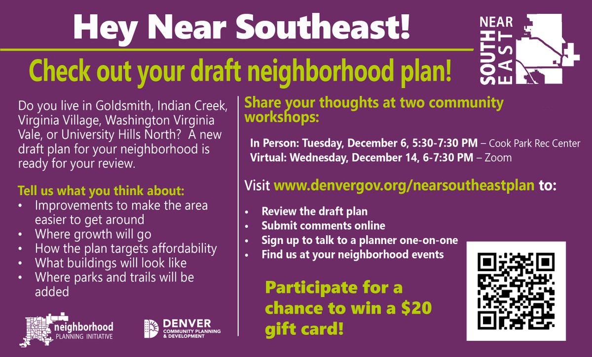 Do you live or work in these District 4 neighborhoods:  U-Hills North, Goldsmith, or neighborhoods between Colorado Blvd &amp; Quebec and Evans &amp; Yale? You are invited—and urged to participate in the review of the draft Near Southeast Area Plan. Learn more: denvergov.org/nearsoutheastp…