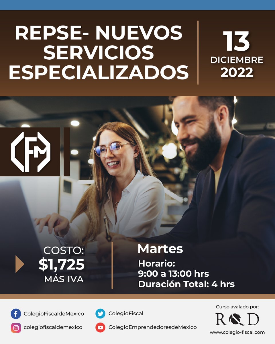 ✨¡Inscríbete Ya!✨

📌 REPSE: Nuevos Servicios Especializados

🌐 colegio-fiscal.com/producto/repse…

Paga con tu tarjeta de crédito a través de PayPal💳

#cursos #REPSE #taller #cursoonline #capacitación #cursos2022 #contadores #abogados #Administrador #InscripcionesAbiertas #CupoLimitado