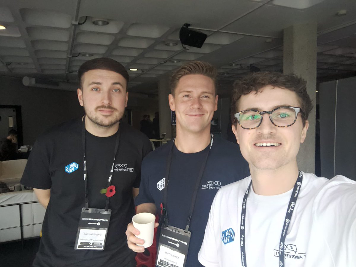 connorglobal's tweet photo. Throwback to @NFT_NYC London with @elliotwillnft &amp; @NotAnotherJonny after our panel where we shared our ‘NFT Launchpad Method’. Coffee in hand, @NotAnotherNFTio merch on! https://t.co/cI6VdYCFMJ