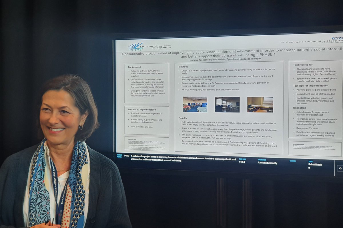 Great poster presentation by Lorraine Kenneally at @StGeorgesTrust on improving the acute stroke rehabilitation environment increasing patient social interaction and supporting wellbeing. Excited to work on phase 2 with you! 🪴@UKStrokeForum @StGSpeechies  @WolfsonNeuro #UKSF22