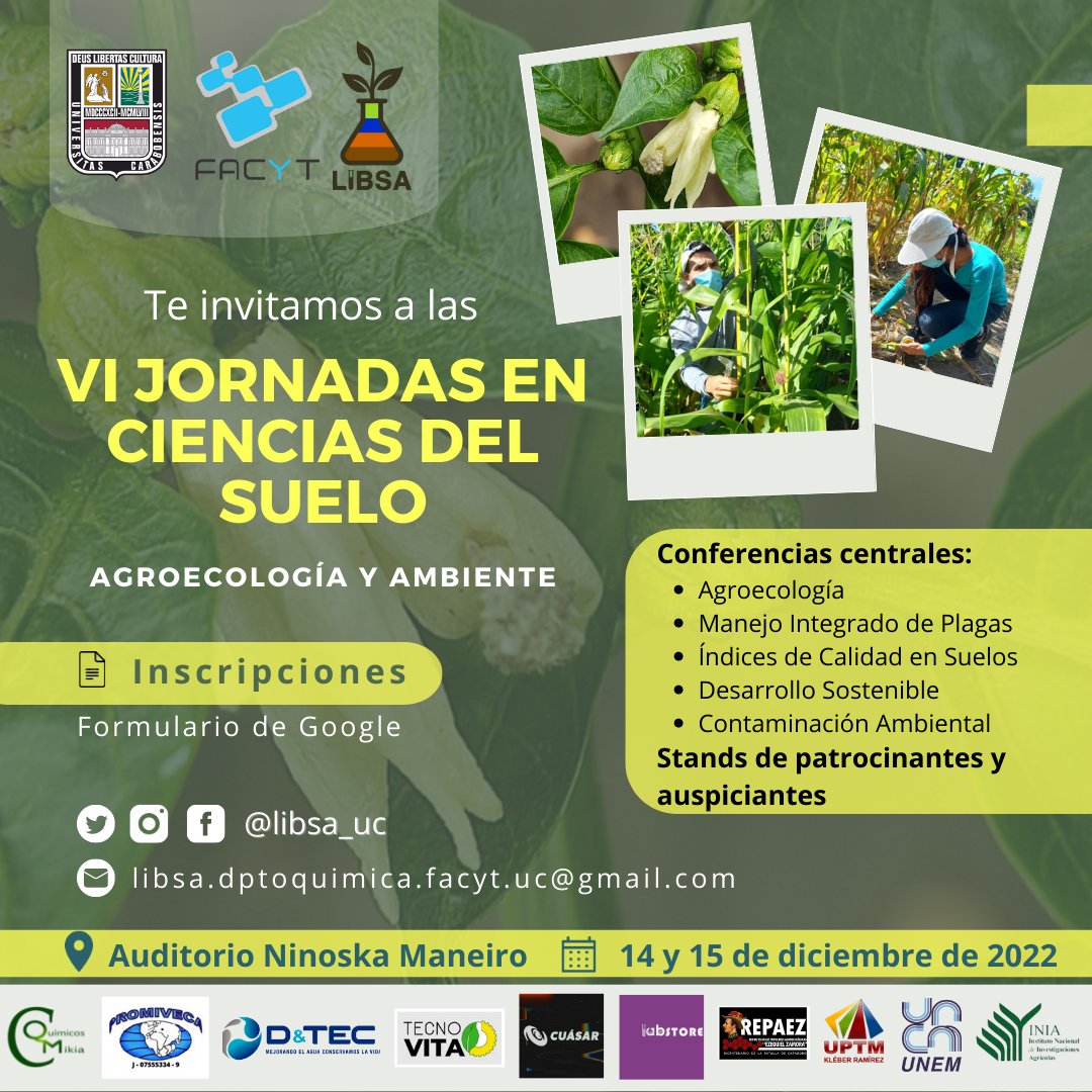 libsa_uc's tweet photo. 📌 Nos complace invitarte a las VI Jornadas en Ciencias del Suelo.
📅 Este 14 y 15 de diciembre de 2022
📍 Auditorio Ninoska Maneiro, Dpto. de biología, FACyT
👇En la publicación de Instragram se muestra el programa detallado, al igual que en el hilo. https://t.co/kFIR1PLgpQ