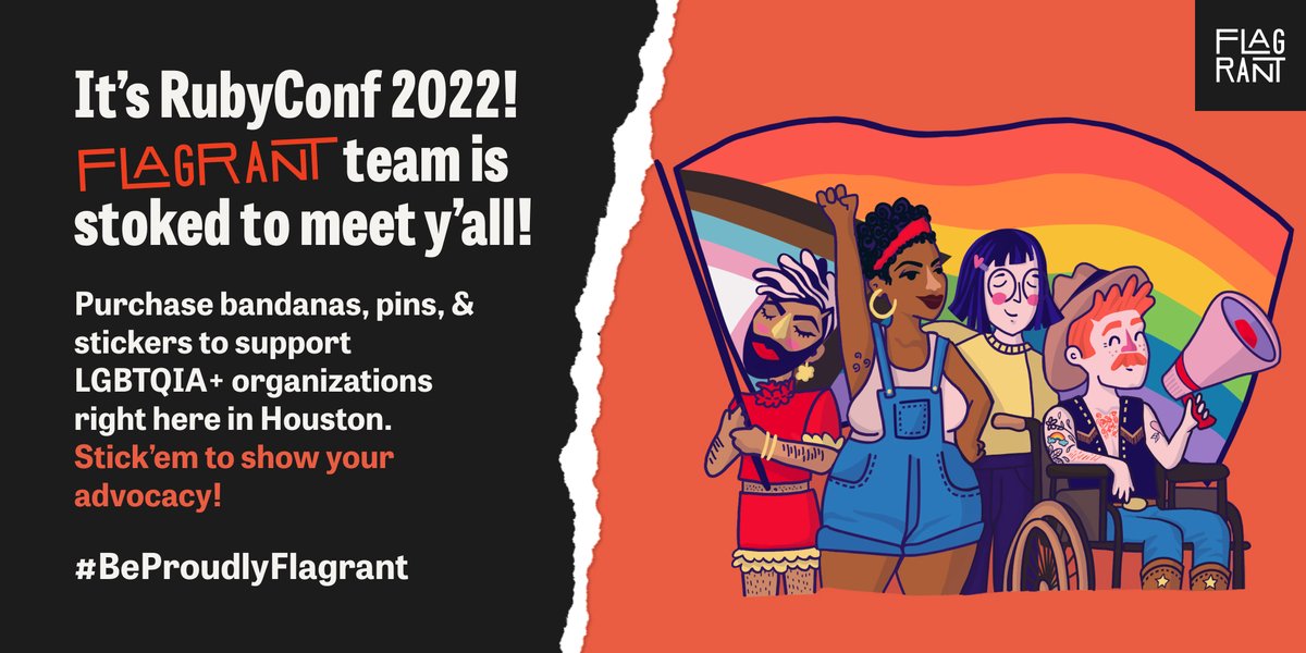 Howdy y'all🏳️‍⚧️🤠🏳️‍🌈Flagrant has landed in Houston and we've got your swag at #RubyConf this Tuesday through Thursday! 100% of proceeds will benefit 3 Houston based LGBTQIA+ non-profit organizations. flagrant.gumroad.com #rubyfriendsgiving #RubyFriends #LGBTQIApride