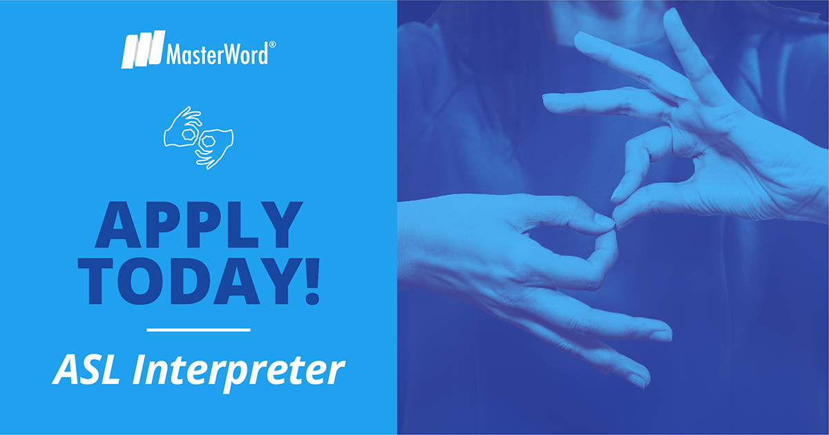 masterword's tweet photo. MasterWord is looking for an experienced ASL interpreter based in Dallas, TX. Apply here: https://t.co/NPFF54hV1d 

[ID] Left, Text: Apply Today! ASL Interpreter. Right: A person using sign language.

#ASL #Interpreters #OpportunityTuesday #JoinMasterWord #Dallas #JobOpportunity https://t.co/pnvG7tF7qB