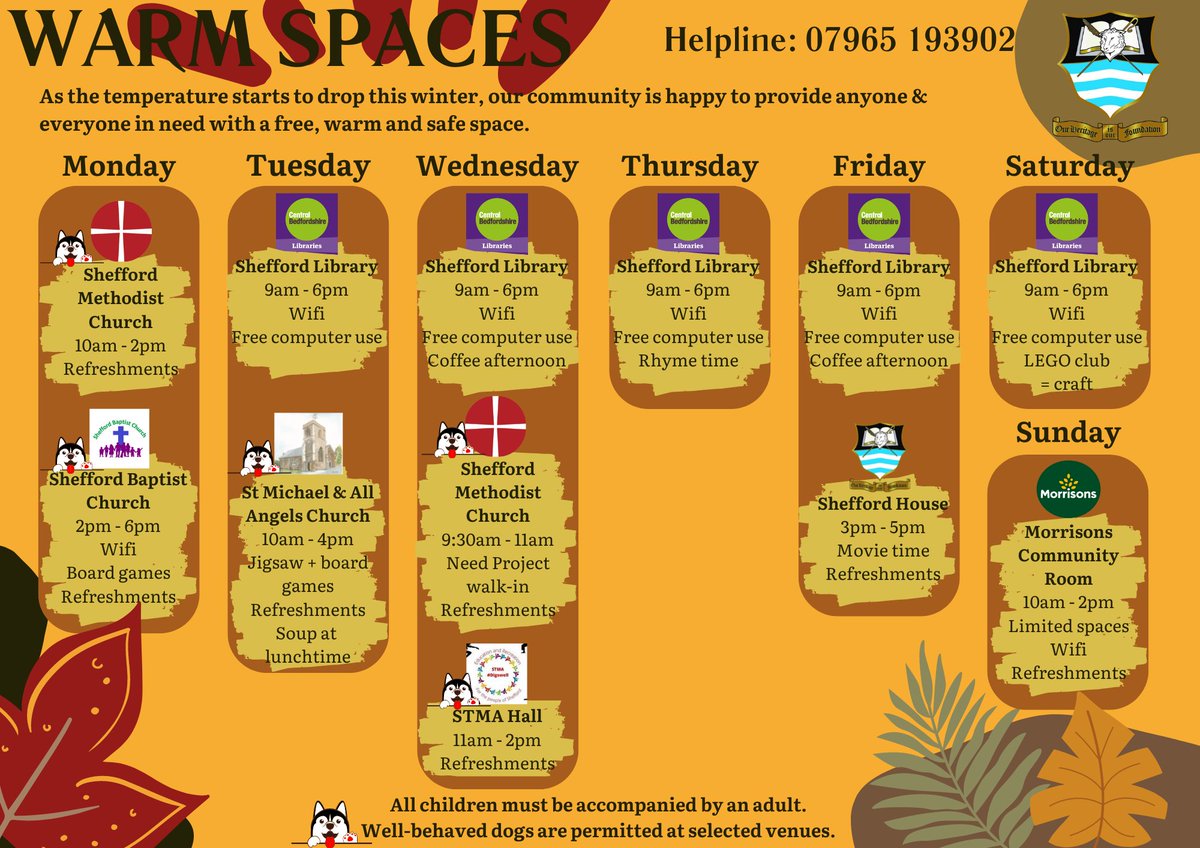 SheffordTC's tweet photo. Shefford Town Council's "Warm Spaces" project has now begun, to provide anyone &amp; everyone in need with a free, warm + safe space during the colder months of the year. 
All warm spaces are free of charge. 
For more information, please contact 07965 193902. https://t.co/9C4Dbia3Wd
