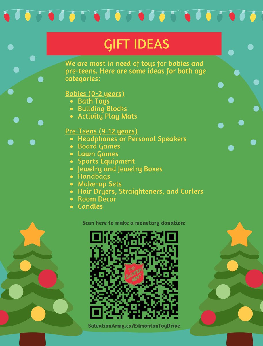The Salvation Army - Edmonton (@tsaedmonton) on Twitter photo Toy Drive Weekend at Kingsway Mall:
We will be hosting a toy drive on Dec 9 & 10th at <a href="/kingswaymall/">Kingsway Mall</a> again this year. Gift ideas are suggested as below. Monetary donation is also available in case you can't come visit us on-location. Toy Drive Weekend at Kingsway Mall:
We will be hosting a toy drive on Dec 9 & 10th at <a href="/kingswaymall/">Kingsway Mall</a> again this year. Gift ideas are suggested as below. Monetary donation is also available in case you can't come visit us on-location.