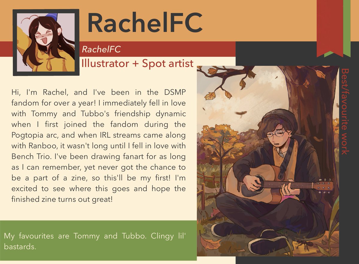 benchtriozine's tweet photo. Contributor Spotlight Time✨

🌻@rachelfc_art

“Hi, I'm Rachel, and I've been in the DSMP fandom for over a year! I immediately fell in love with Tommy and Tubbo's friendship dynamic…”

Her favorite members are Tommy and Tubbo! https://t.co/w396CEKyCI