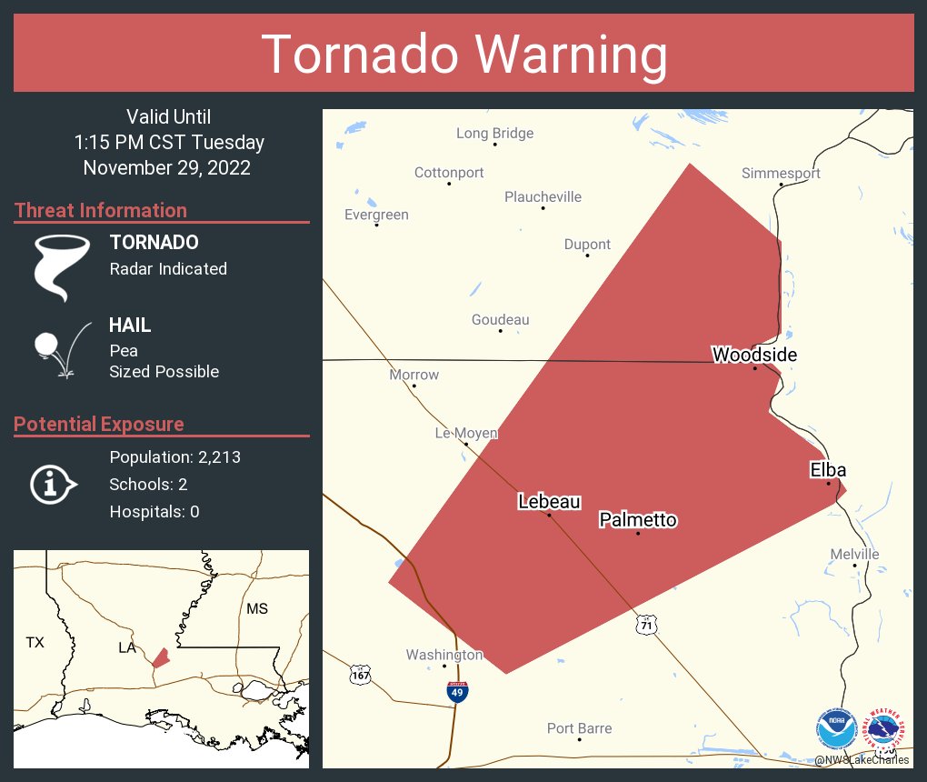 NWS Tornado on Twitter "Tornado Warning including Palmetto LA, Elba LA