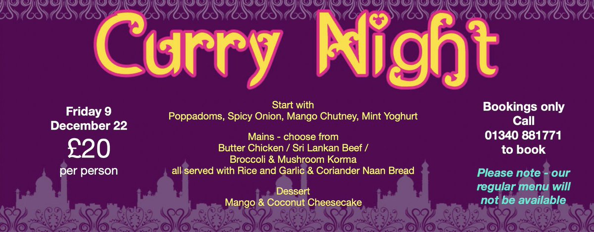 Curry night at The Mash - Fri 9 Dec 22 (6pm-8pm).  Call 01340 881771 to book. Set menu £20 PP.  
(Note - regular menu not available that night)
ALSO on Fri 9 Dec 22 the long awaited return of QUIZ NIGHT (9pm)
See you for curry OR quiz OR both
#CurryNight #QuizNight #Drams