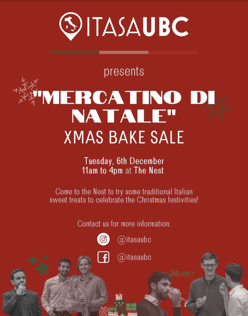 Try some traditional Italian sweet treats at the UBC Italian Student Association's "Mercantino di Natale" Xmas Bake Sale on December 6th! 😋

<a href="/UBC_FHIS/">UBC French, Hispanic and Italian Studies</a>