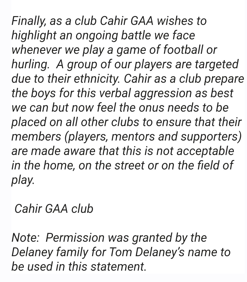 CAHIR GAA STATEMENT
REGARDING THE RECENT MEDIA COVERAGE OF THE SOUTH TIPPERARY U17B FOOTBALL FINAL