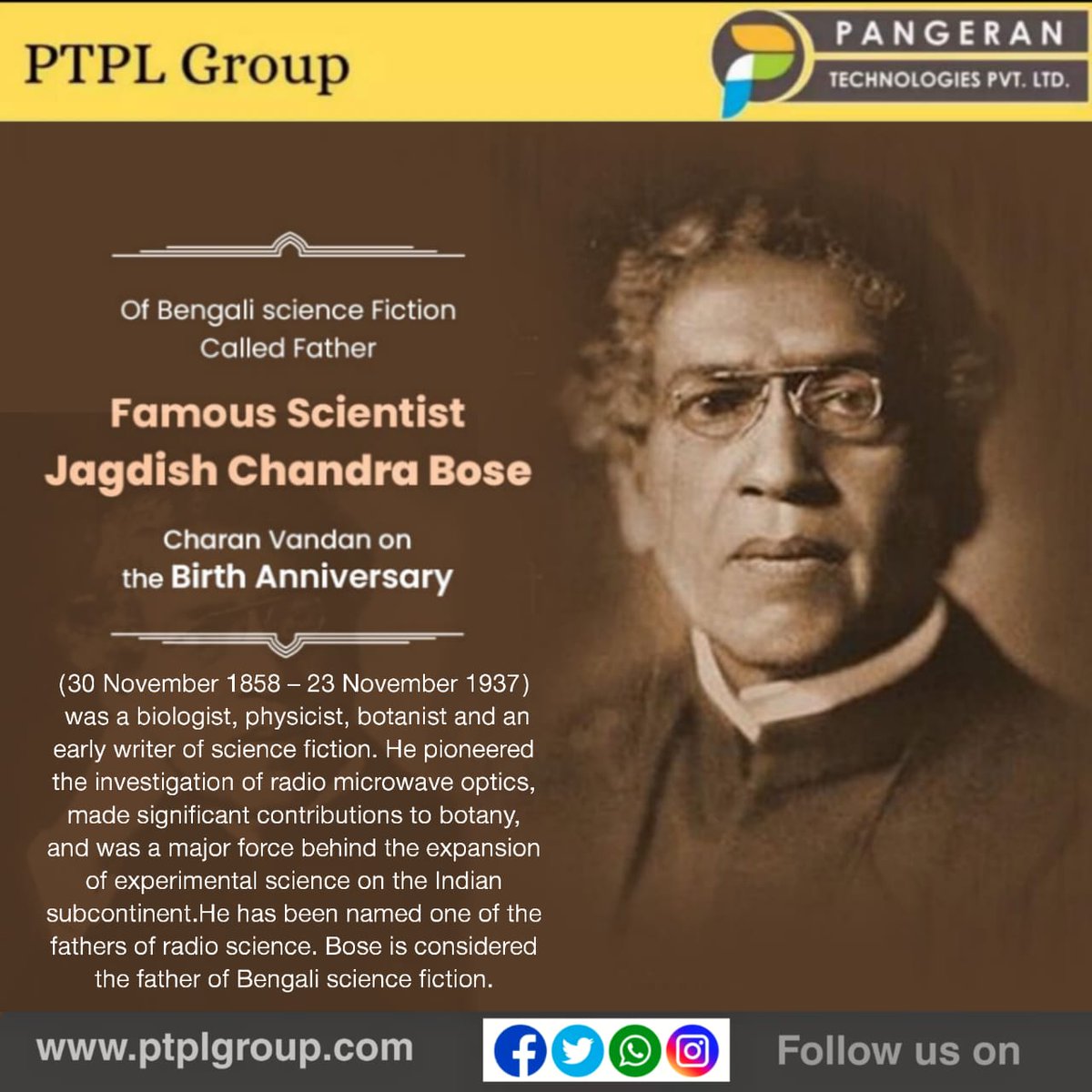 PangeranLtd's tweet photo. Pangeran Technologies Remembering Jagadish Chandra Bose on his Birth Anniversary 🙏🏻🙏🏻💐💐
#jagadishchandrabose #164thbirthanniversary #biologist #physicist #botanist #pangerantechnologies #bestitserviceprovider #itservices #itsupport #technology #itsolutions #informationtechno https://t.co/8whfGyvap9