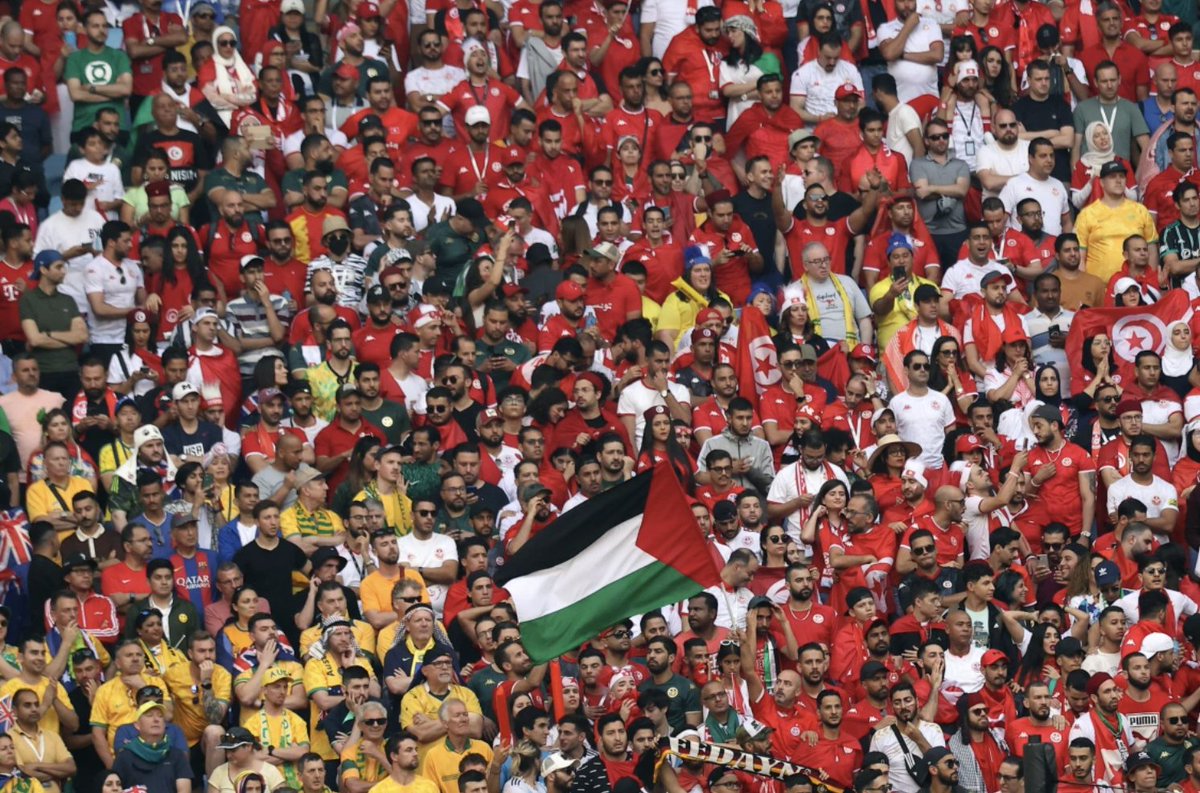AJEnglish's tweet photo. Palestinian flags fly high at #FIFAWorldCup in Qatar — in pictures https://t.co/KqkbrawqwM https://t.co/zd42GKaKH7