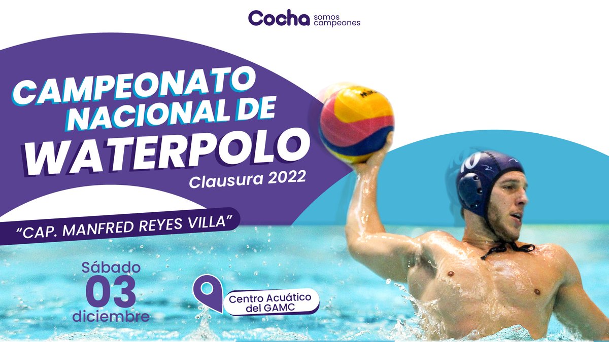 CSomosCampeones's tweet photo. ¿Te gusta los deportes acuáticos?🧐 Te esperamos en el Campeonato Nacional de Waterpolo Clausura 2022, "Cap. Manfred Reyes Villa",🤽🏻🤽🏻‍♀️ el sábado 3 de diciembre. #CochaSomosCampeones https://t.co/eyKUGRyKyT