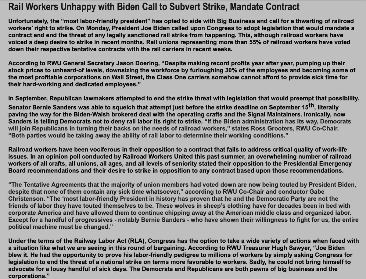 Railroad Workers United Press Release slams <a href="/JoeBiden/">Joe Biden</a>: The "most labor-friendly president" has opted side with Big Business and call for a thwarting of railroad workers' right to strike.