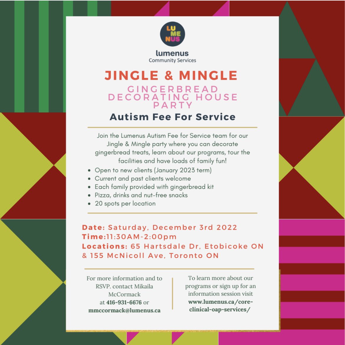 Autism Fee for Service presents the Jingle and Mingle gingerbread event!! Join us at either or Hartsdale or McNicoll locations on December 3rd for some holiday fun! RSVP NOW, spots are limited.