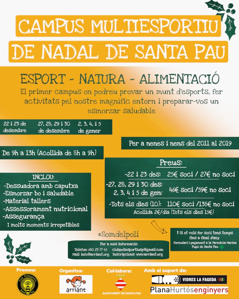 Ens espera un Nadal d’allò més divertit descobrint nous esports, jugant a l’entorn privilegiat que tenim i gaudint d’un esmorzar bo i saludable.
Benvinguts al I Campus Multiesportiu de Nadal de Santa Pau 🎄
#somdelpoli #unnadalesportiu