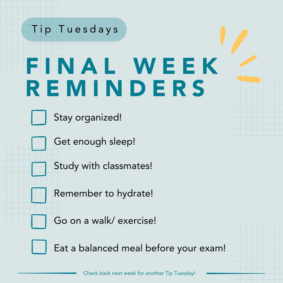 Happy final week Gauchos! We want to remind you of these important tips when it comes to preparing for your finals. REMEMBER to take care of yourself first & Wish you all the best 💛💙