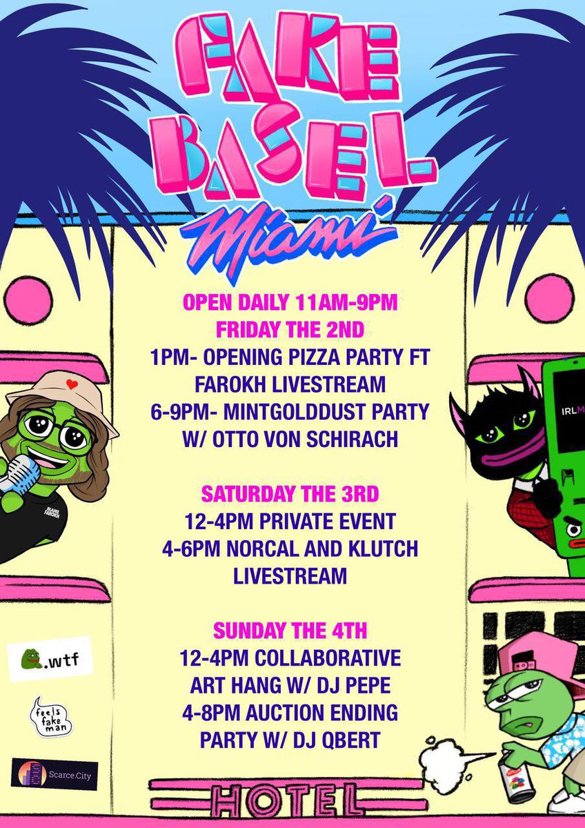 It’s getting fake in Miami this weekend… 🐸🌴

Join us Dec 2-4 @ Fake Basel for 3 days of art and events with <a href="/FAKERARES_XCP/">🐸🐸🐸FAKE RARES🐸🐸🐸</a> <a href="/scarcedotcity/">Scarce.City</a> <a href="/PepeInc_/">Pepe Inc.</a> 

+ special guests <a href="/farokh/">Farokh (Perma/Bull)</a> <a href="/MintGoldDust/">Mint Gold Dust</a> <a href="/NorCalandKlutch/">NorCalandKlutch</a> <a href="/DJPEPE_/">𝕯𝕵𝕻𝕰𝕻𝕰</a> <a href="/DJQbert/">DJ Q*BERT 👾 Invisibl Skratch Piklz</a> LFGGG