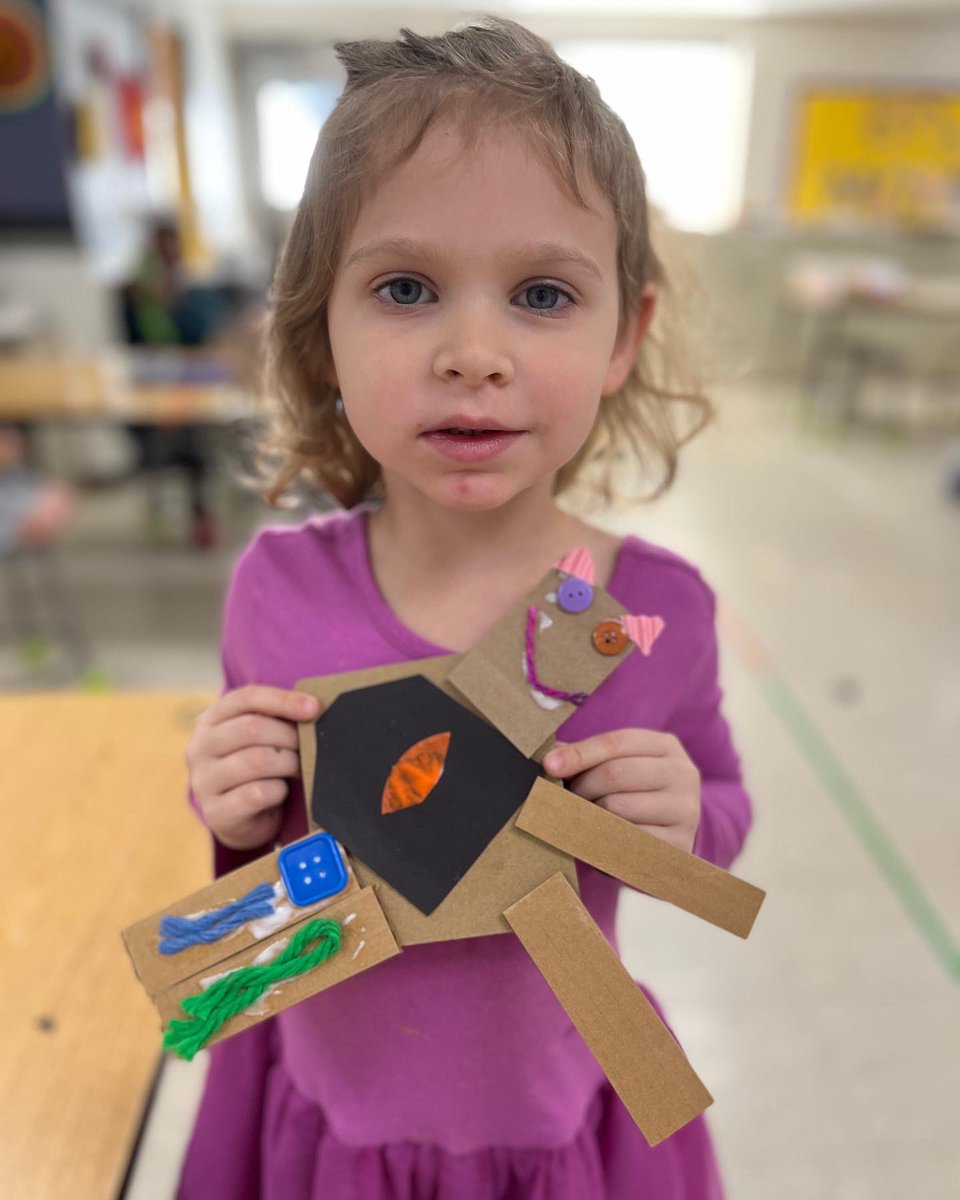 How can you make a person or animal with these materials? K had so much fun creating handmade toys. They made many creative choices in how they arranged the cardboard to make the bodies, and how they matched the textured materials to show their puppet’s details.