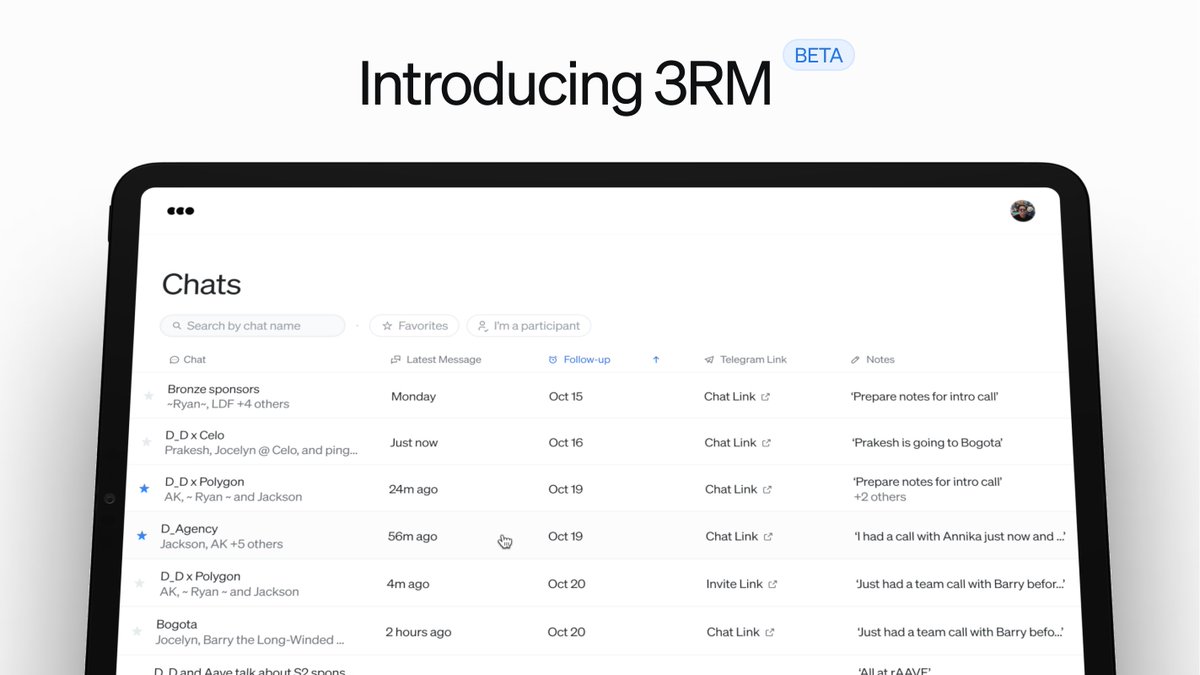 Web3 is tired of Telegram.

• It's impossible to keep track of chats
• It's annoying to invite your teammates to new chats
• Sharing info about conversations with your team is all manual work

Until now.

We've built a Telegram CRM, and here's why you'll love it 👇