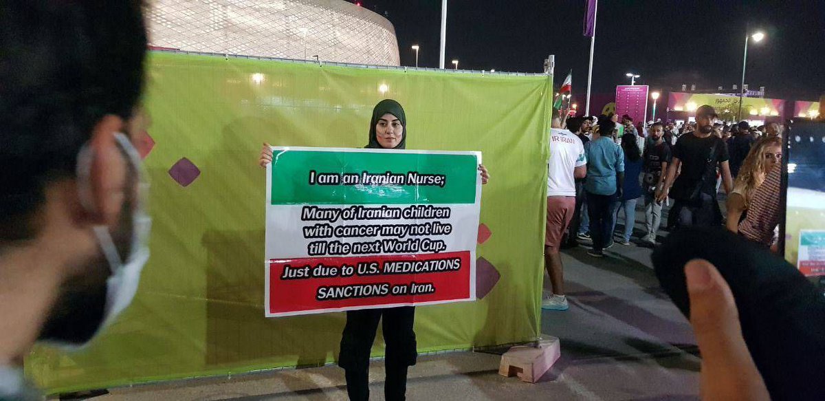 JawadAbubakar7's tweet photo. The placard of an Iranian fan on the sidelines of the game with the American team

I am an Iranian nurse; The lives of children with certain diseases are at risk.
Thousands of children cannot be happy and exercise.
Thousands of children may not survive until the next World Cup. https://t.co/XM0EnaenE5