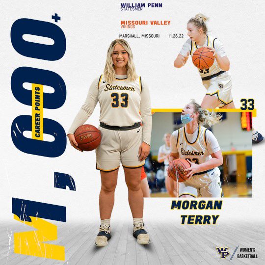 StatesmenWBB's tweet photo. Morgan Terry has reached her 1,000 point career mark! We are honored to have her wearing navy and gold! She’s not done yet!! https://t.co/Jd62zaaT3m