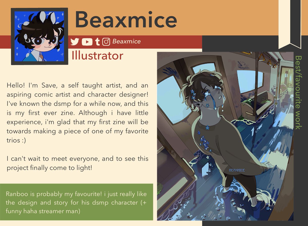 benchtriozine's tweet photo. Contributor Spotlight Time✨

🌻@Beaxmice

“Hello! I'm Save, a self taught artist, and an aspiring comic artist and character designer…”

His favorite member is Ranboo! https://t.co/mZSnj9hygC